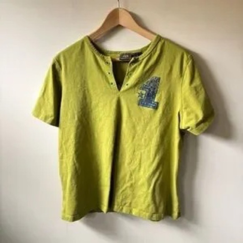 Green Short Sleeve T-Shirt with Blue Patch